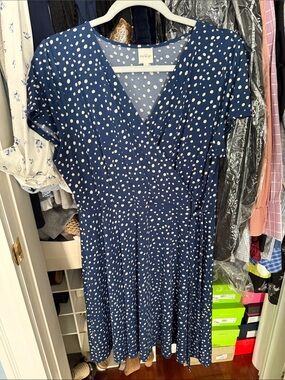 Kaileigh Navy and White Polka Dot Faux-Wrap Midi Dress